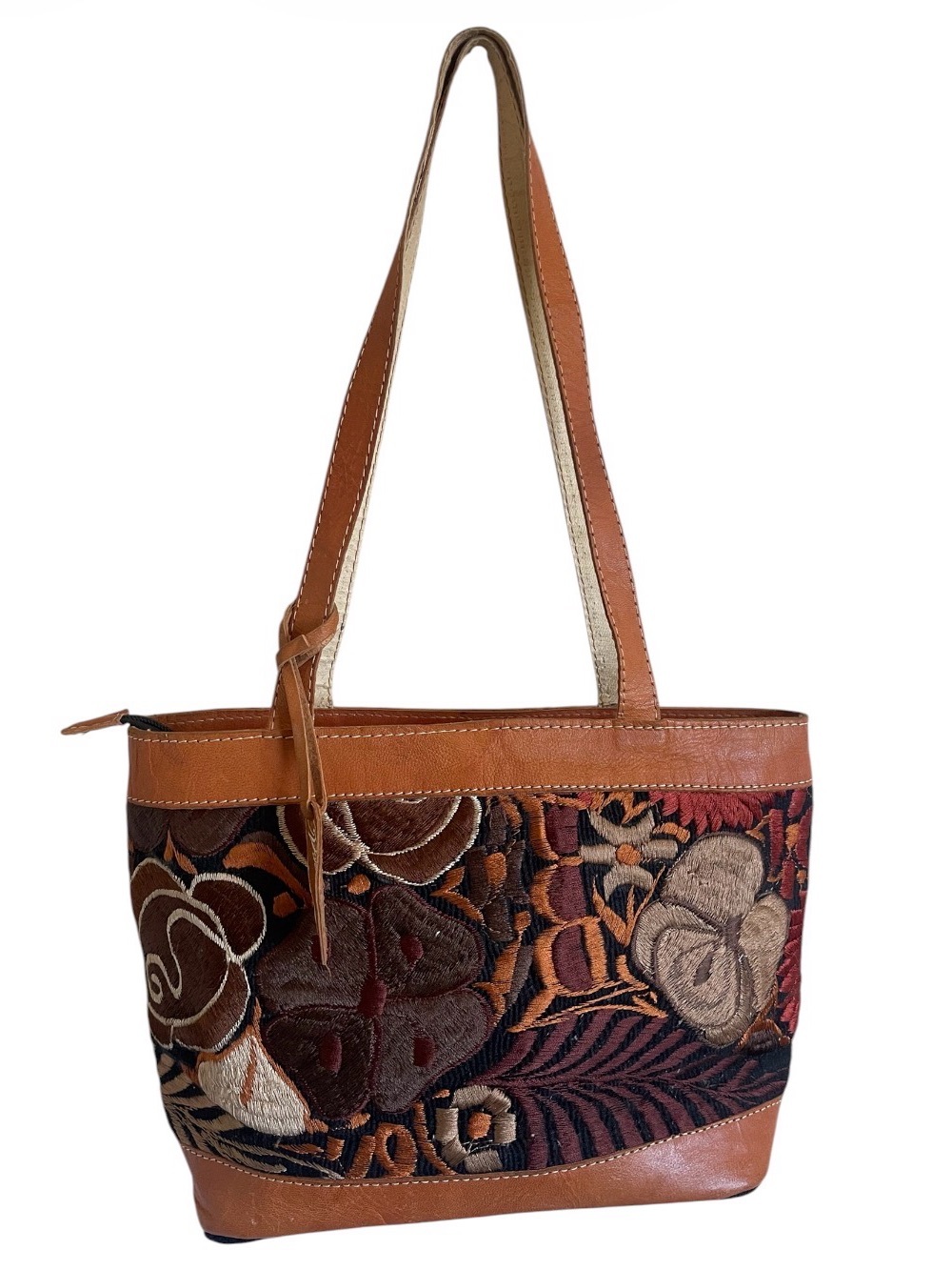 Jessica Velasco Vintage Handcrafted Artisan Leather & Embroidered Floral Tote Ba